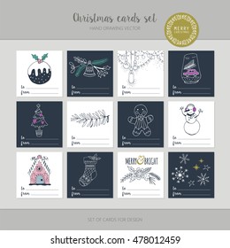 Christmas greeting card set with hand drawing elements for gift wrapping. Isolated vector illustration