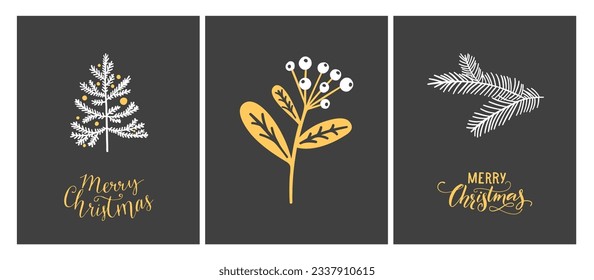 Christmas greeting card set, minimalist scandinavian style. Christmas tree, calligraphy inscription, branches of omela and fir. Vector graphic illustrations.