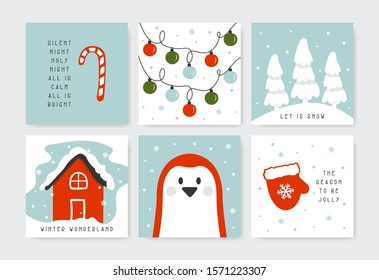 Christmas greeting card set of penguin, glove, house, garland and cane icons. Happy New Year holiday cartoon design. Winter symbol illustration.