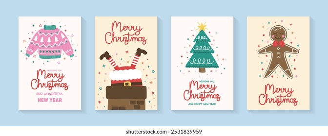 Christmas greeting card set. Posters with cute Santa Claus, tree, sweater and gingerbread cookie. Vector illustration