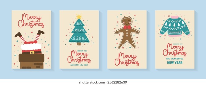 Christmas greeting card set. Posters with cute Santa Claus, tree, sweater and gingerbread cookie. Vector illustration