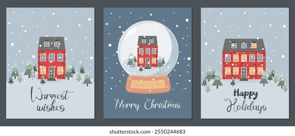 Christmas greeting card set. Red houses on blue background.