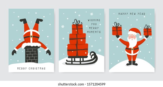 Christmas greeting card set of Santa Claus climbs into the chimney, gift boxes on sleigh and Santa with presents. Happy New Year holiday cartoon design. Winter symbol illustration.