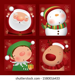 Christmas greeting card set, Santa Claus, Reindeer, Elf, and snowman with gift present in Christmas snow, Vector illustration