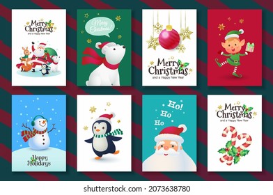 Christmas greeting card set with Santa Claus and his companions and Merry Christmas hand lettering suitable for social media post and mobile apps. Vector flat illustration.