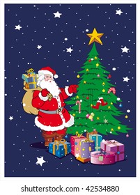 A Christmas Greeting Card Set up of Santa Claus, Decorative Christmas Tree and surrounded with Gifts.