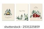 Christmas greeting card set with Scandinavian cabin, forest cabin A-frame flat style Christmas greeting card set with hand painted watercolour forest background. Concept of Country Holiday. Vector