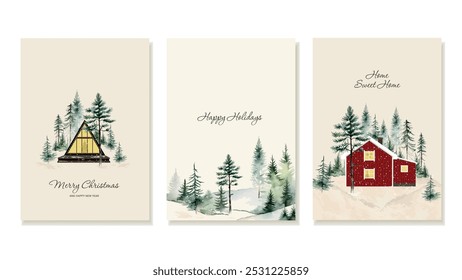 Conjunto de tarjetas de felicitación de Navidades con cabina escandinava, cabina forestal Conjunto de tarjetas de felicitación de Navidades de estilo plano con marco en A con fondo de bosque de acuarela pintado a mano. Concepto de Country Festiva. Vector