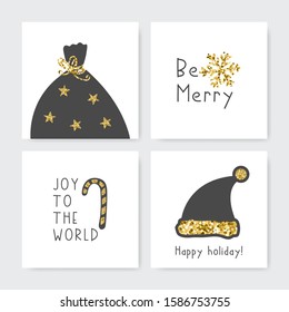 Christmas greeting card set card of snowflake, sack with gifts, cane, cap and snowflake with text – Be merry.  Creative winter collection of cute hand drawn template of gray and gold color. 