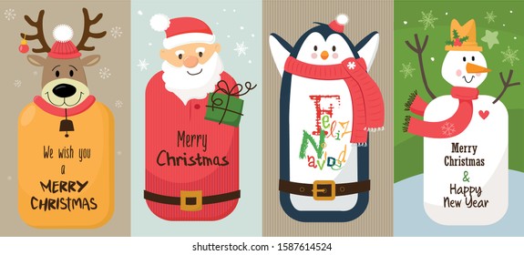 Christmas greeting card set vector stock/ Reindeer, Santa claus , Penguin and a snowman flyers and posters