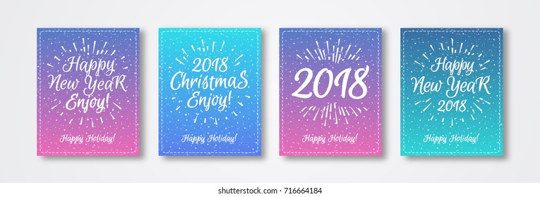 Christmas greeting card set with white emblem consisting sign Merry Christmas, Happy New Year with sunburst isolated on snow holiday background gradient style. Vector Illustration