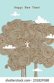 Christmas greeting card with a sheep on a background of sky and clouds. Vector illustration