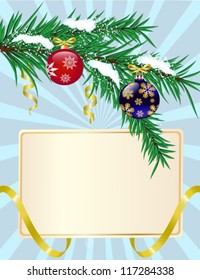 Christmas greeting card with shiny ribbons and fir branches with hanging toys