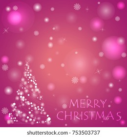 Christmas greeting card with a shiny Christmas tree on a pink background and the text "Happy Christmas" "Merry Christmas"
