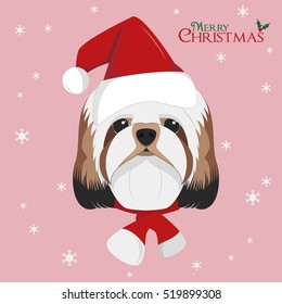 Christmas greeting card. Shitzu dog with red Santa's hat