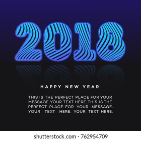 Christmas greeting card with sign 2018 and happy new year neon style on cyan background for flyer, poster, invitation, hoiliday decoration, web, t shirt, promotion, christmas sale. Vector Illustration