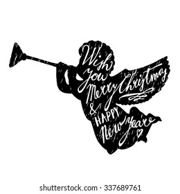 Christmas greeting card with silhouette of angel blowing trumpet and hand lettered text, vector illustration background