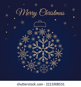 Christmas greeting card with a silhouette of a Christmas ball made of snowflakes. A postcard with the inscription Merry Christmas on a blue shining background. Vector illustration.