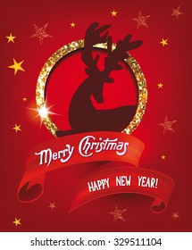 Christmas greeting card with silhouette of deer and red ribbon