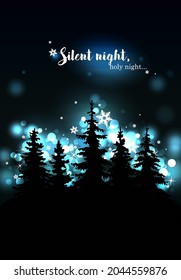 Christmas greeting card - silhouettes of the forest against the backdrop of northern lights, silent night