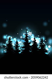 Christmas greeting card - silhouettes of the forest against the backdrop of northern lights