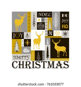 Christmas greeting card with silhouettes of golden reindeer.Vector