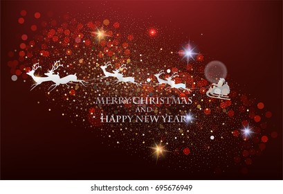 Christmas greeting card with silhouettes of reindeers , santa in sleigh and sparkling dust. Vector illustration