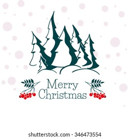 Christmas greeting card with silhouettes snowy fir trees