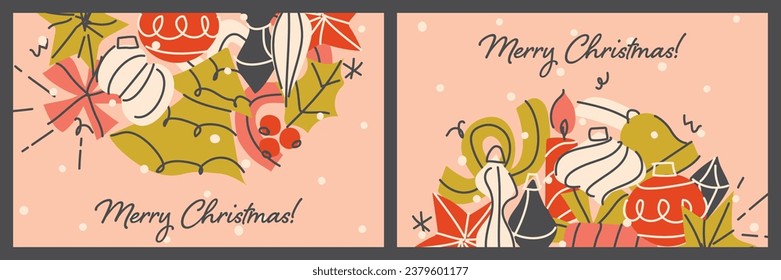 Christmas greeting card with simple hand drawn elements like Christmas tree, gift, candle and Christmas ball. Holiday vector illustration with retro decor for seasonal design