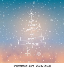 Christmas greeting card in simple minimalist doodle style on winter sky background.