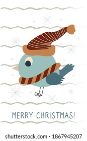 Christmas greeting card in simple style, trendy decoration, poster or banner. Text Mary Christmas. Cute bird with hat and scarf.
