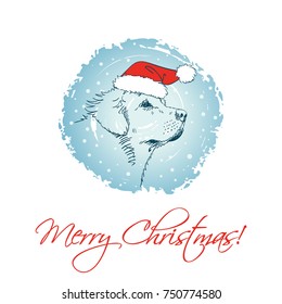 Christmas greeting card with sketch of dog's muzzle in red Santa's hat on blue grunge circle, Hand drawn vector illustration 