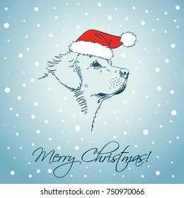 Christmas greeting card with sketch of dog's muzzle in red Santa's hat on blue background with snowflakes, Hand drawn vector illustration