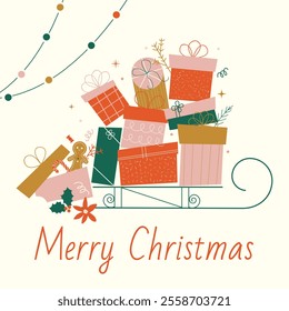 A Christmas greeting card with a sledge with gifts on it. An illustration for a winter holiday in a flat style in orange, green and pink colors.