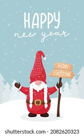 Christmas greeting card with a smiling dwarf holding a wooden sign with words Merry Christmas. Winter forest. Hand Lettering - Happy New Year. Cute flat cartoon character. Color vector illustration