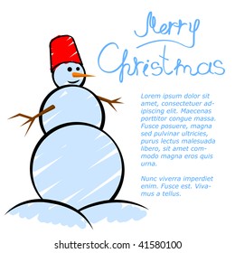 Christmas greeting card with smiling snowman in child's drawing style. No gradients or effects.