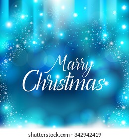 Christmas greeting card. Snow falls on background of the northern lights. With sign Marry Christmas