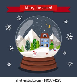 Christmas greeting card. Christmas snow globe with night landscape. Christmas glass ball with christmas tree, gifts, snowman and house in the forest. 