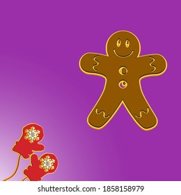 Christmas Greeting Card with snow gloves and doll cake.purple and red.Vector illustration.