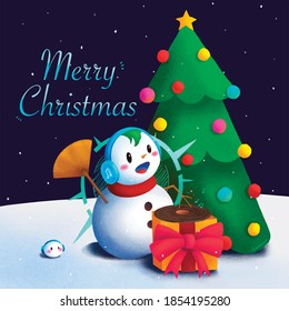 Christmas greeting card. A snow man is playing role with DJ. 