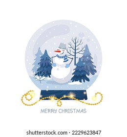Christmas greeting card with snowball and cute snowman in winter forest