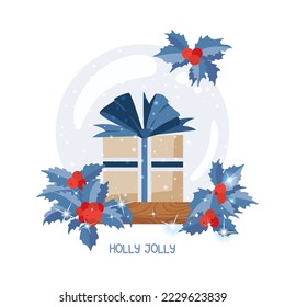 Christmas greeting card with snowball, present box and holly branches