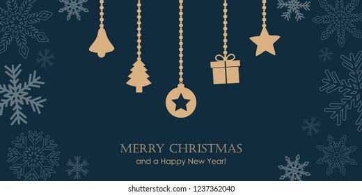 christmas greeting card with snowflake border and hanging decoration bell fir gift star vector illustration EPS10