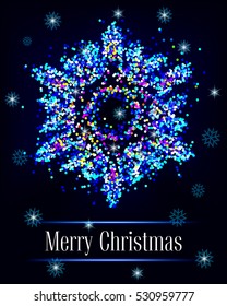 Christmas Greeting Card with Snowflake of multicolored confetti. Elegant Winter Design of banner or poster. Vector illustration