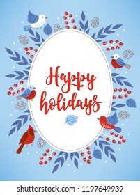 Christmas greeting card with snowflakes, berries, branches, cones, titmouse, bullfinch, northern cardinal and oval label on light blue background. Perfect for winter invitation