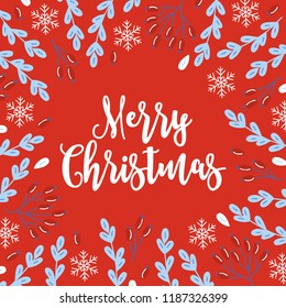 Christmas greeting card with snowflakes, branches and berries on red background. Holiday frame. Perfect for winter invitation