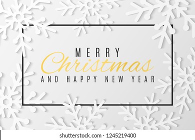 Christmas greeting card. Snowflakes cut out of paper. Happy New Year 2019. Seasonal festive web banner. Text in frame. Vector illustration. EPS 10