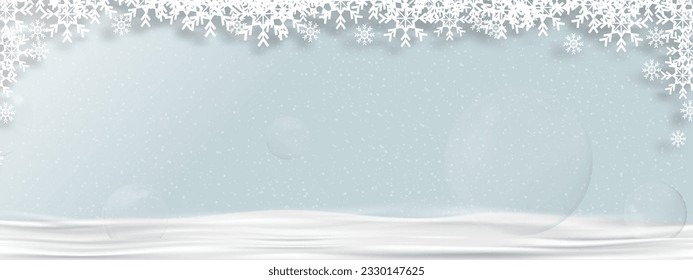Christmas Greeting Card with Snowflakes frame border on Blue Background,Vector Banner winter Scene for xmas, New Year 2024 Holiday Festive,Sale,Promotion,Greeting Card,Website Header,Poster,Template