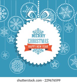 Christmas greeting card with snowflakes on background. Merry Christmas and Hapy New Year 