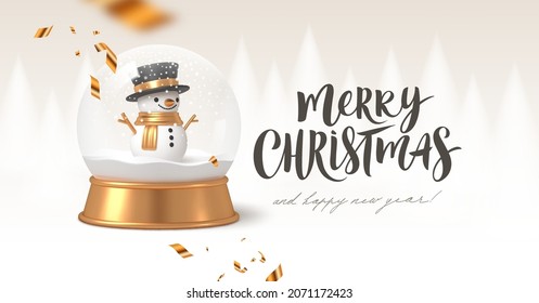 Tarjeta de felicitación de Navidad con globo de nieve. El 3d realista representa el globo de nieve con un muñeco de nieve. Ilustración vectorial.